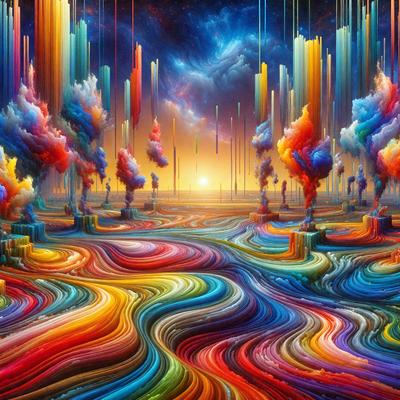 The primary subject of the image is a vibrant and colorful painting of a forest. The setting is a forest with trees and a sky in the background. The visual style is a digital art or illustration, creating a lively and dynamic atmosphere. The colors and mood are predominantly bright and cheerful, with a variety of colors that create a sense of depth and movement in the painting.